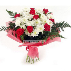 Букет из 9 красных роз и 7 белых хризантем